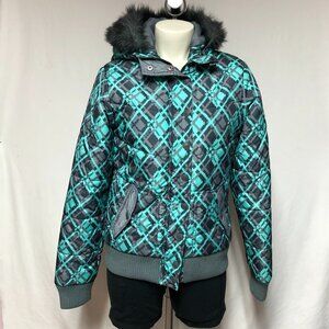 NWOT Fox Riders Teal, Grey, Black Winter Coat With Faux Fur Removable Collar